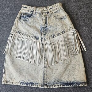 Vintage Paris Express Fringe Denim‎ Skirt Acid Wash Cowgirl Festival Size 5